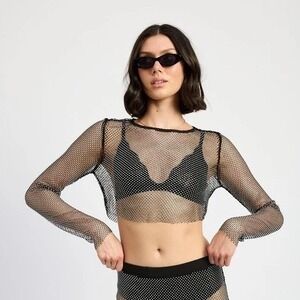 Emory Park Fishnet Rhinestone Long Sleeve Crop Top Women's Size Large Festival